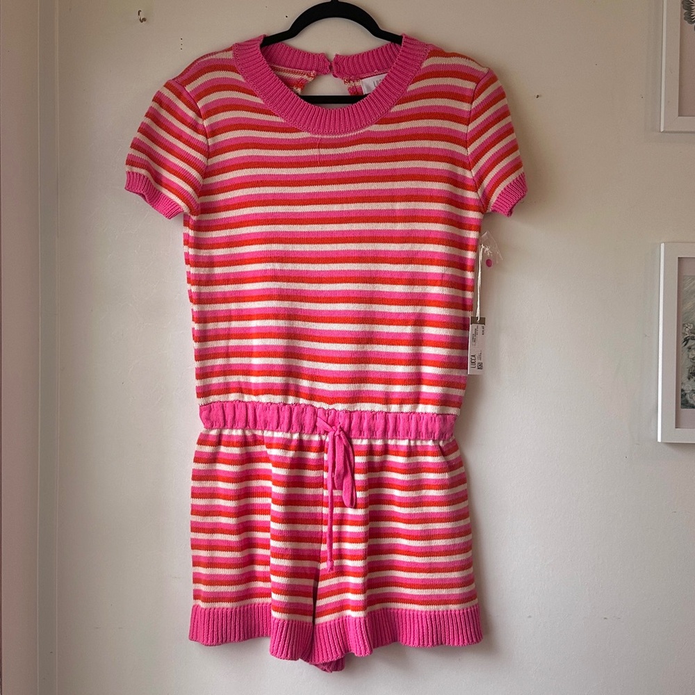 Lucca Couture Pink, Orange & White Striped Knit Romper